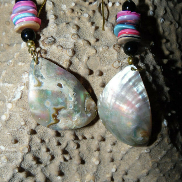NEW~ABALONE~80'S~GOLD~STAINLESS~DANGLE EARRINGS - Picture 5 of 7